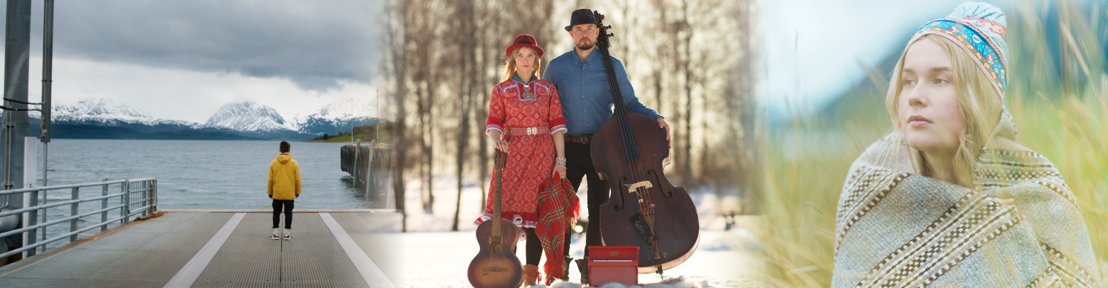 Header image. A composite image of three different images, the film poster for Hvor er ferga mi, A picture of the Band Arvvas posing with their instruments in a snowy forest, and Elina Ijäs posing in a field, covered in a blanket